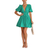 Women Summer Casual A-line Dress Solid Color Deep V-Neck Short Puff Sleeve Mini Dress Fashion Party Short Dress