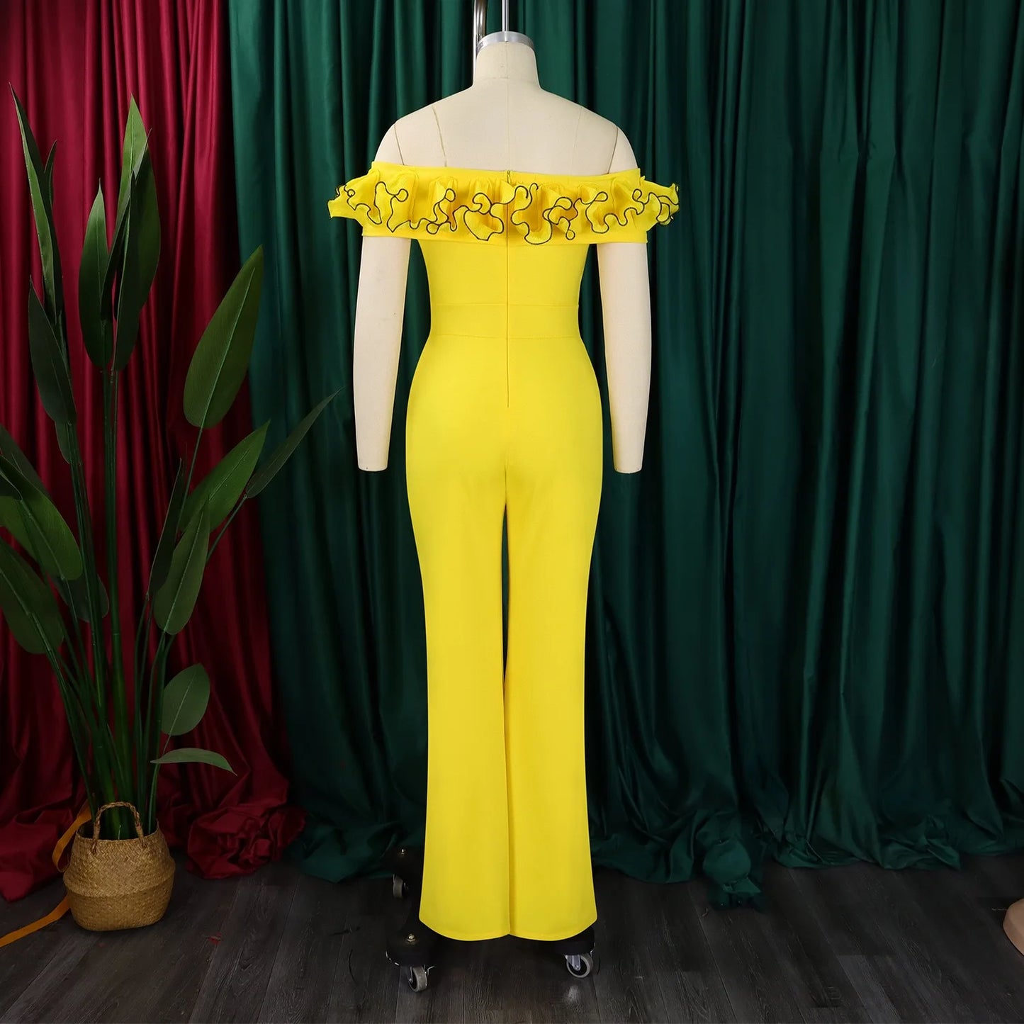 Luxury Jumpsuits & Rompers for Woman Off the Shoulder Ruffles Short Sleeve High Waisted Solid New Year 2025 Christmas Overalls