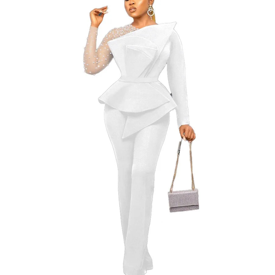 Luxury Jumpsuits & Rompers for Women Round Neck Beaded Transparent Sleeve High Waisted Elegant Female Birthday Party Overalls