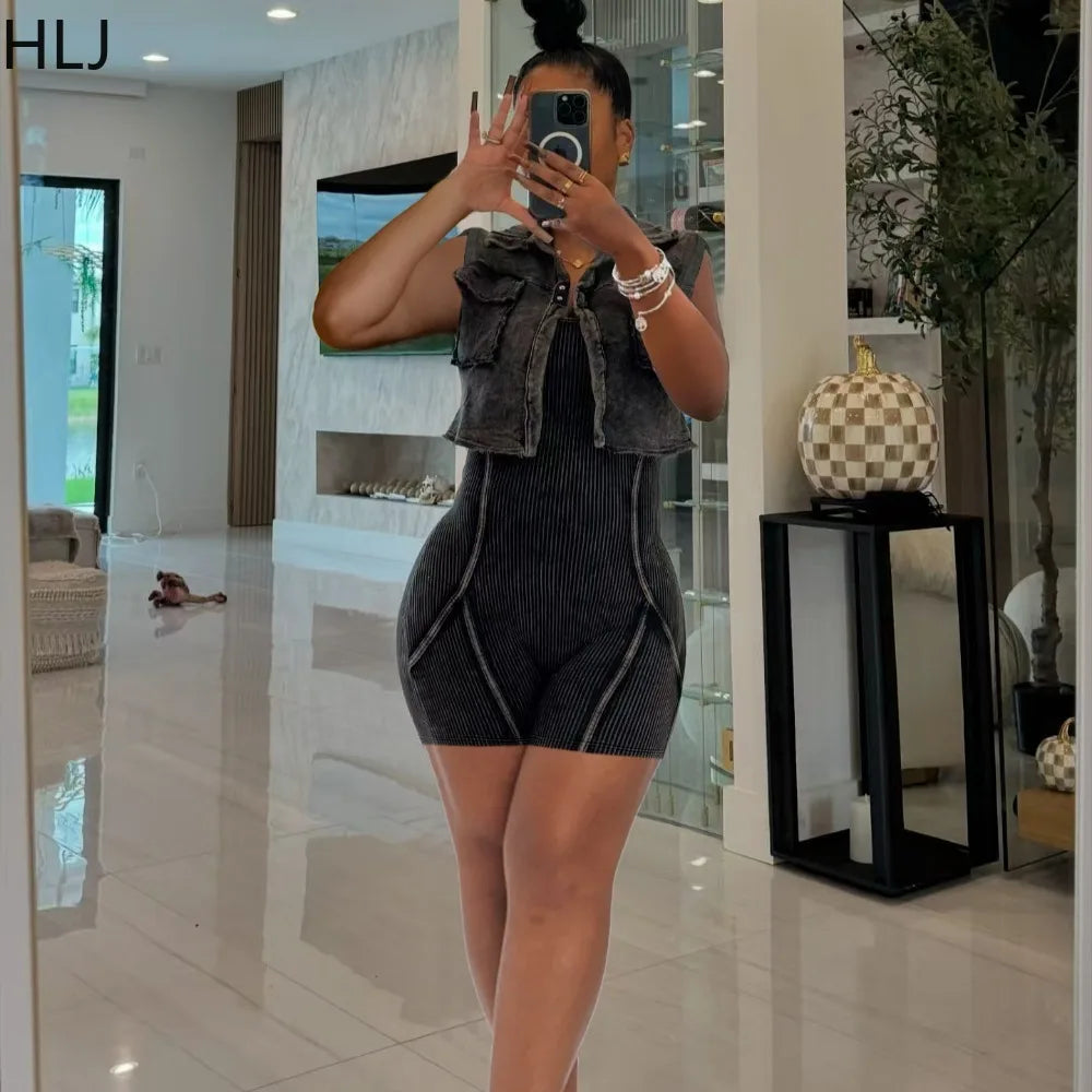 HLJ High Quality Women's Shorts Outfits Cotton Crop Jacket+Bodysuits 2 Piece Set Casual Vintage Two Piece Set Women's Spring New