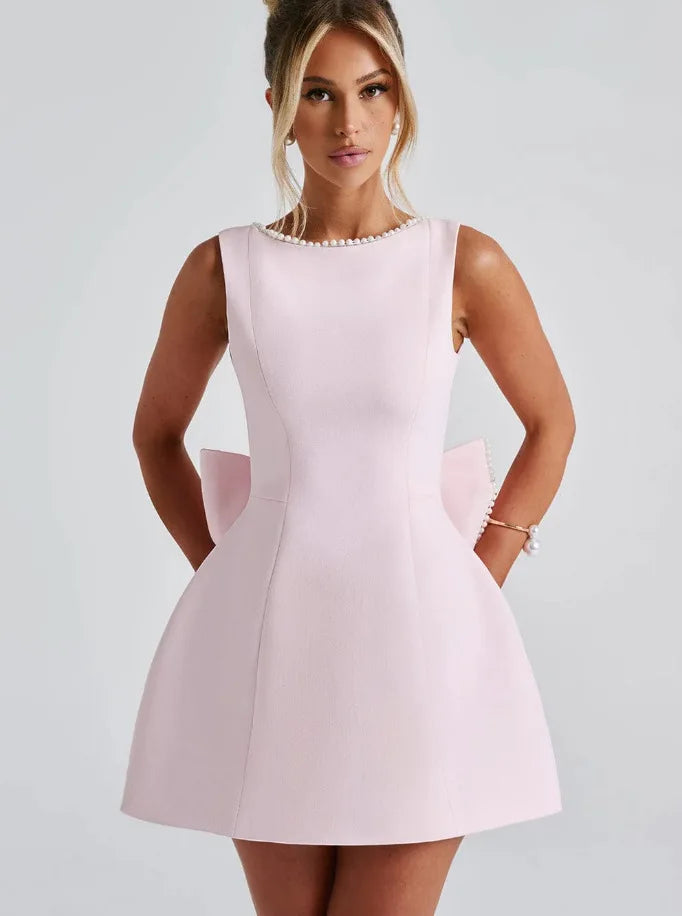 Elegant Pearl Bow Backless Short Dress Women's Sleeveless Party Cute Mini Dresses Black White Pink Chic Birthday Evening Y2K New
