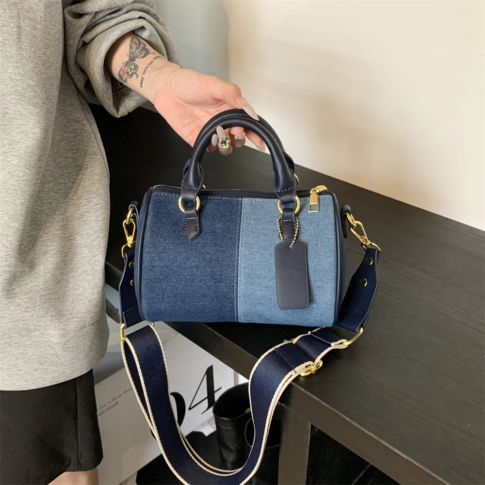 Patchwork Colorblock Mini Handbags For Women Denim Shoulder Cross Body Bags Casual Street Small Boston Bag 2024 Designer Purses