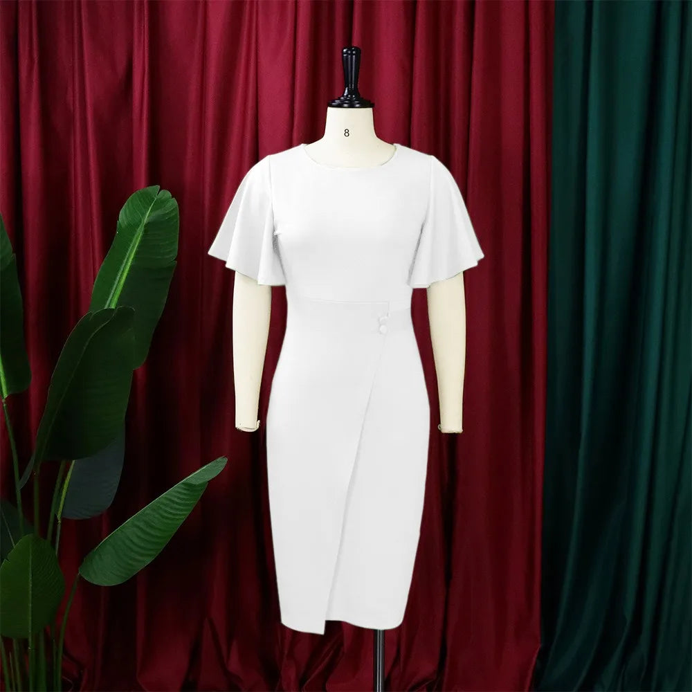 Dress Women Mid Length Dresses Green Slim Ruffles Bodycon Round Neck Short Sleeve Sexy Elegant Party High Waist Vestidos