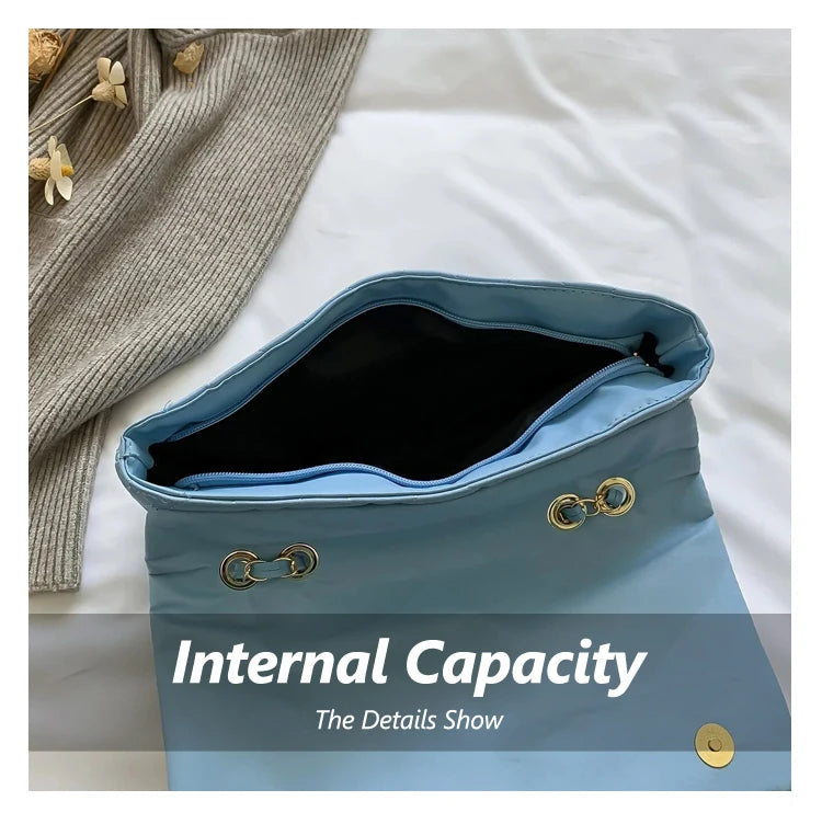 Fashion Blue Pu Flap Bag Golden Large Capacity Niche Geometric Handbag Women's Bag Embroidery Thread Metal Chain Shoulder Bag