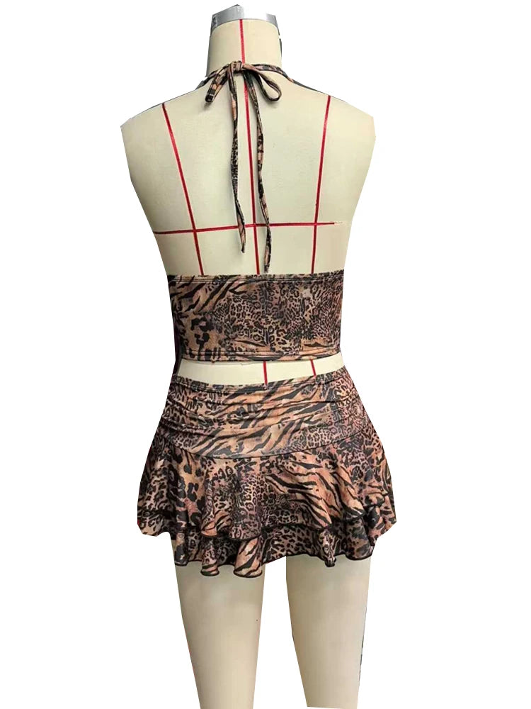 Beyprern Fierce Girl Ruffles Skirt Set Wild Cheetah Corset Crop Top And Ruched Two-Piece Dress Night Out Outfits Sexy Clubwear