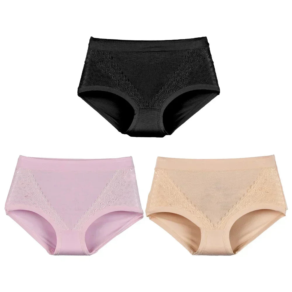 3pcs/pack 2024 Women High Waist Panties Female Briefs Modal Lace Plus Size Underpants Mother Middle Aged Oversize Underwear