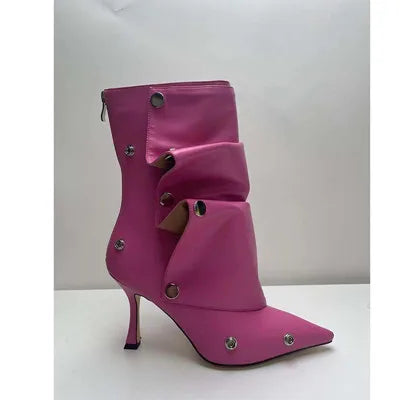 2025 Classics Women Pointed Toe Strange Heels Boots For Woman's Rivet Button Zipper-Sid Solid Color High Heels Shoes Botas Altas