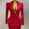 Sparkly Crystal Chains Pearls Long Sleeve Mini Dress 2025 Women Birthday Evening Party Nightclub Outfit Singer Wedding Costume