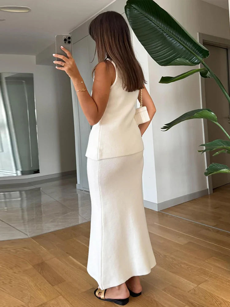 Elegant Knit Vest Suits Women Solid Single Breasted O-neck Sleeveless Slim Waistcoat Bodycon Midi Skirts 2025 Spring Lady Outfit