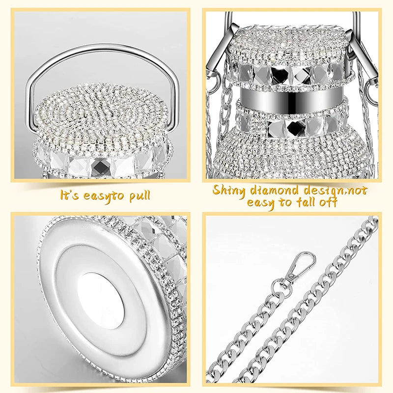 Bling Rhinestone Insulated Thermos Water Bottle with Chain Stainless Steel Vacuum Insulated Bottle Flask Portable Tumbler