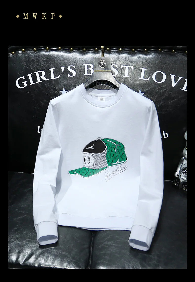 Round Collar Men's Pullover New Male Hoodies Personalized Hat Hot Diamond Print Fashionable Top Youth Bottoming Shirt Clothing