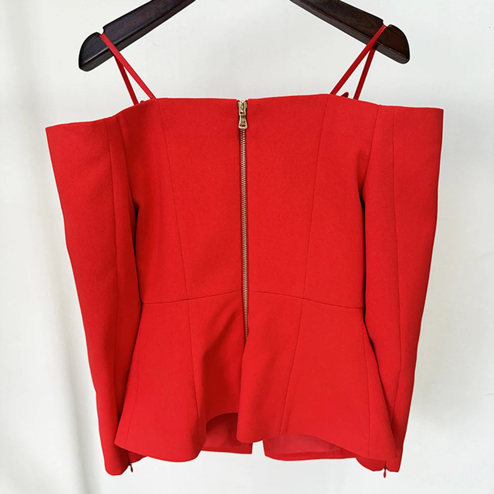 TWOTWINSTYLE Solid Designer Slimming Blazers For Women Slash Neck Long Sleeve Off Shoulder Temperament Coats Female Fashion New