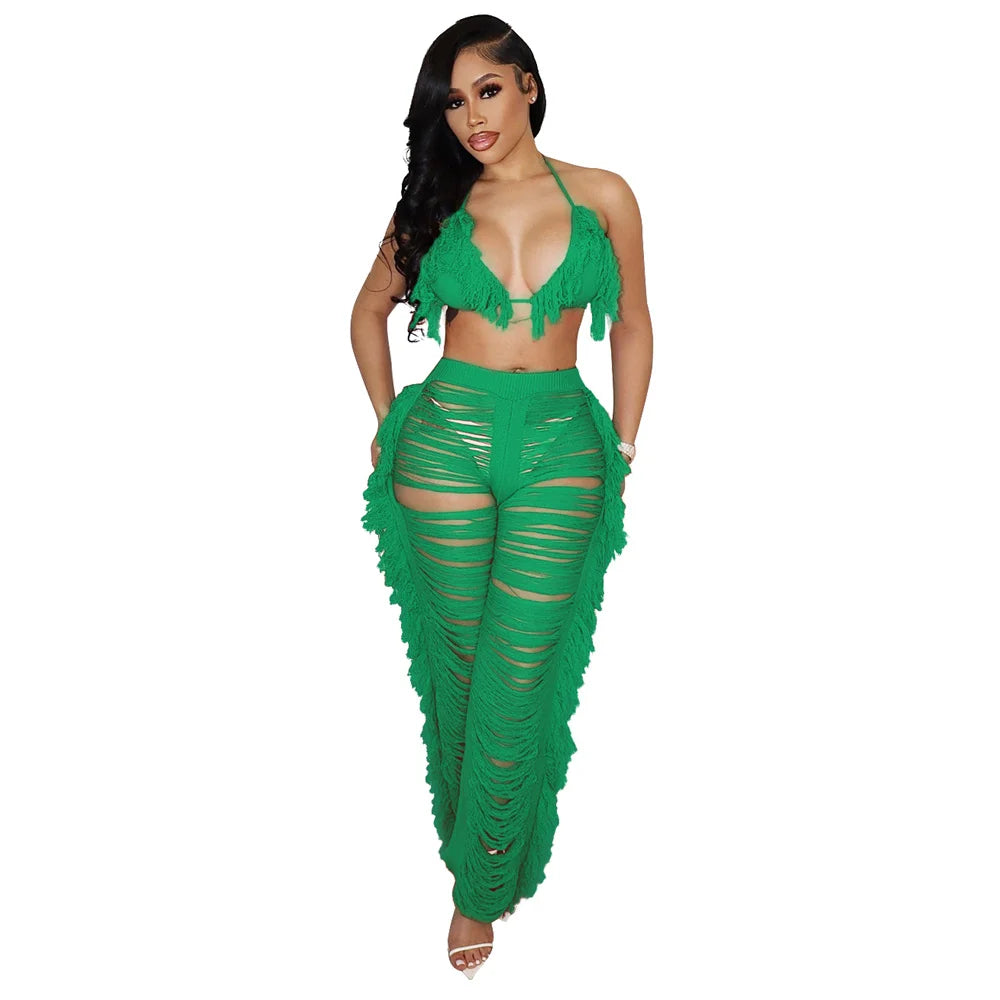 RT Sexy Women Crochet Set Two Pieces Set Halter Backless Top Pants Tassels Knitted 2 Pieces Set Hollow Out Crocheted Beach Set