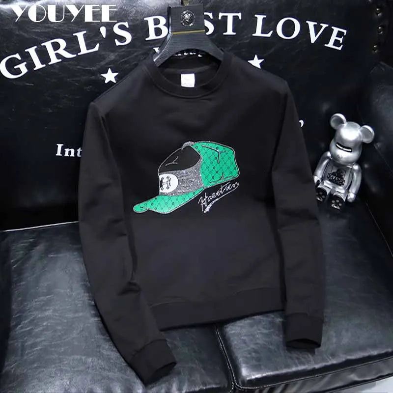 Round Collar Men's Pullover New Male Hoodies Personalized Hat Hot Diamond Print Fashionable Top Youth Bottoming Shirt Clothing