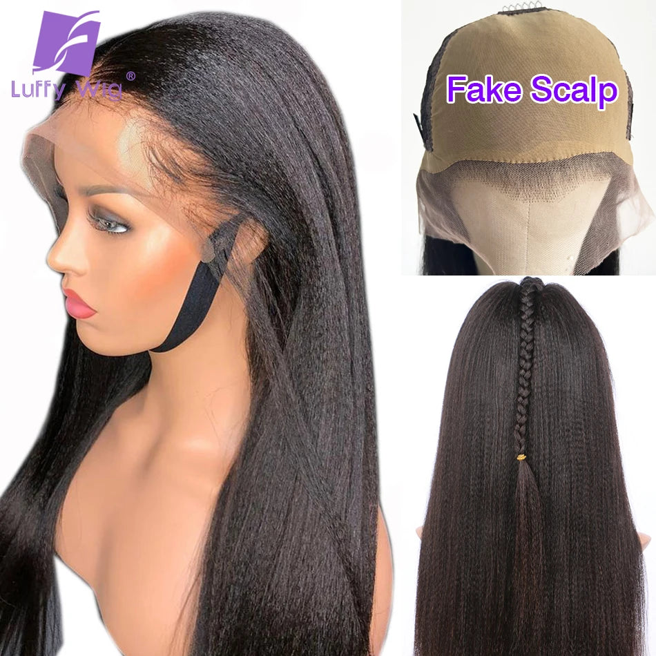 13x6 Yaki Straight Lace Front Wig Human Hair Fake Scalp Lace Wig Pre Plucked Remy Brazilian Lace Frontal Wig Glueless LUFFY
