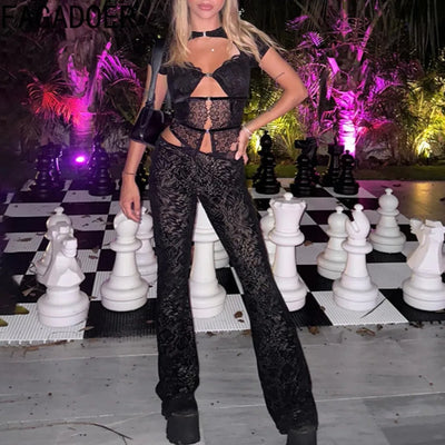 FAGADOER Sexy Lace See Through 2 Piece Sets Woman Outfit Hollow Out Crop Top + Flare Pants Female Y2K Streetwear Summer Spring