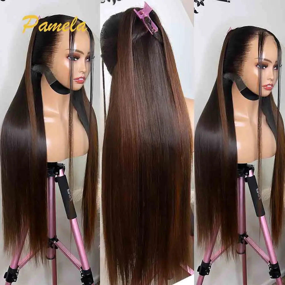 Double Drawn 13x6 HD Lace Frontal Wig Bone Straight Lace Front Wig Ombre Brown Colored Glueless Human Hair Wigs Ready To Go