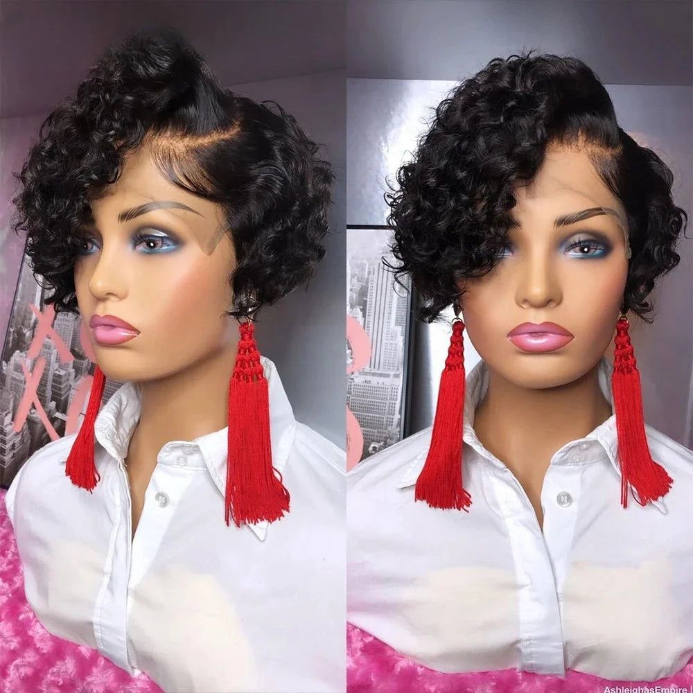 curly Short 13×1 T part Transparent Lace 6inch natural black color Human Hair remy Wigs For Women 150% density Pixie Cut Wig