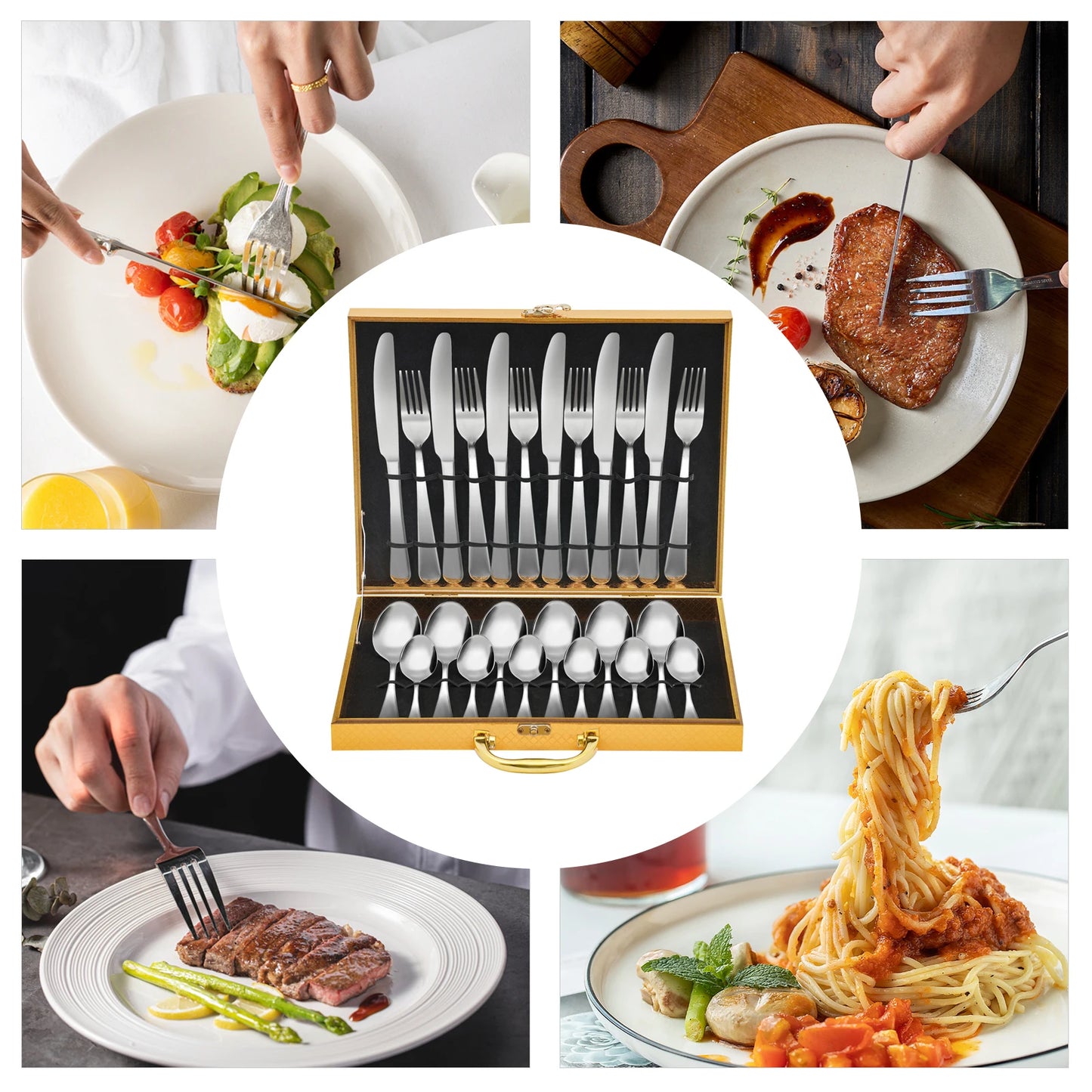 24Pcs/90Pcs Flatware Set Stainless Steel Silverware Utensil Kitchen Tableware Forks Knives Spoons Cutlery for Home Restaurant
