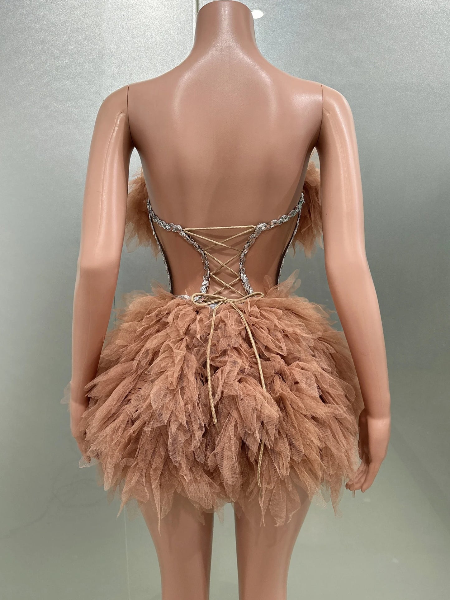 Hot Sale Women Sexy Mesh Ruffles Ball Gown Mini 2 Pieces Dress Lace-up Crystal Birthday Party Celebrate Nightclub Wear