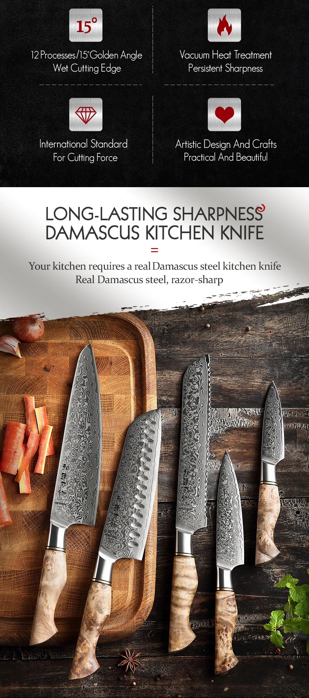 HEZHEN 1-5PC Knife Set Professional Damascus Steel  Chef Santoku Bread Utility Paring Cook Knife For Meat Sharp Kitchen Knife