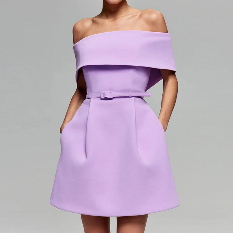 Women Belt Patchwork Short Sleeve Mini Dress, Spring Summer Fashion Slash Neck Party Dress, Solid Off The Shoulder Ladies Dress