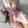 Solid Satin Night Robe Long Sleeve V Neck Robe With Belt Women's Sleepwear