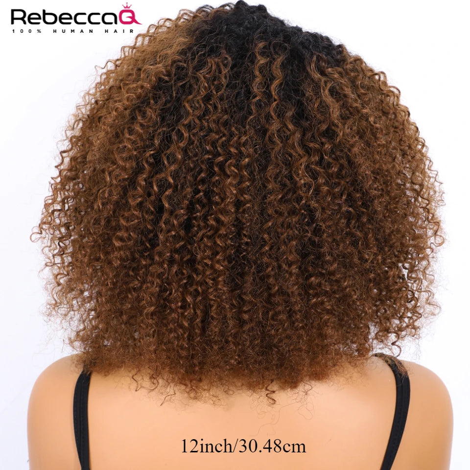 Ombre Brown Short Afro Kinky Curly Bob Wigs For Women Brazilian Human Hair Wigs Highlight Human Hair Wig With Bangs 180% Density