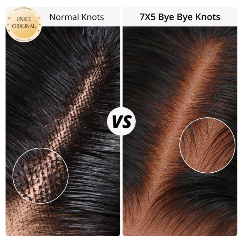 UNice Hair Bye Bye Knots 7x5 Lace Glueless Wig Brown Balayage Body Wave Human Hair Lace Front Wig Pre Cut Pre Bleached Lace Wig