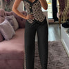 Spring Summer Sleeveless Suit Fashion Print Two Piece Sets Women Sexy V-neck Button Metal Sling Top & Wide Leg Pants Outfits