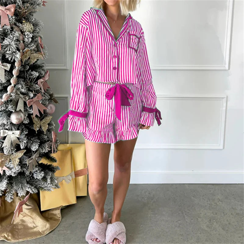 Striped Loungewear Christmas Pajamas Shorts Set Women Y2k Cute Bow Tie Pjs Button Up Shirt+Ruffle Shorts 2 Piece Sleepwear