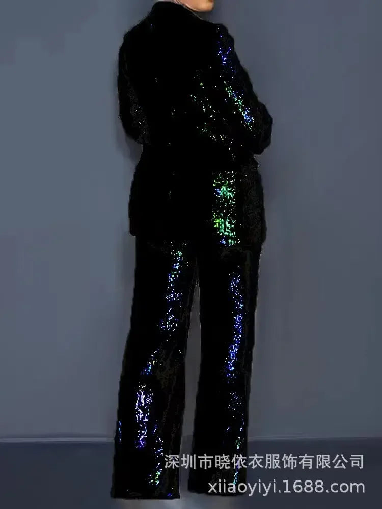 Women Two Piece Sets Sequin Blazer V Neck Full Sleeve Coats Temperament Slim Fit Casual High Waist Wide Leg Long Pants Suits