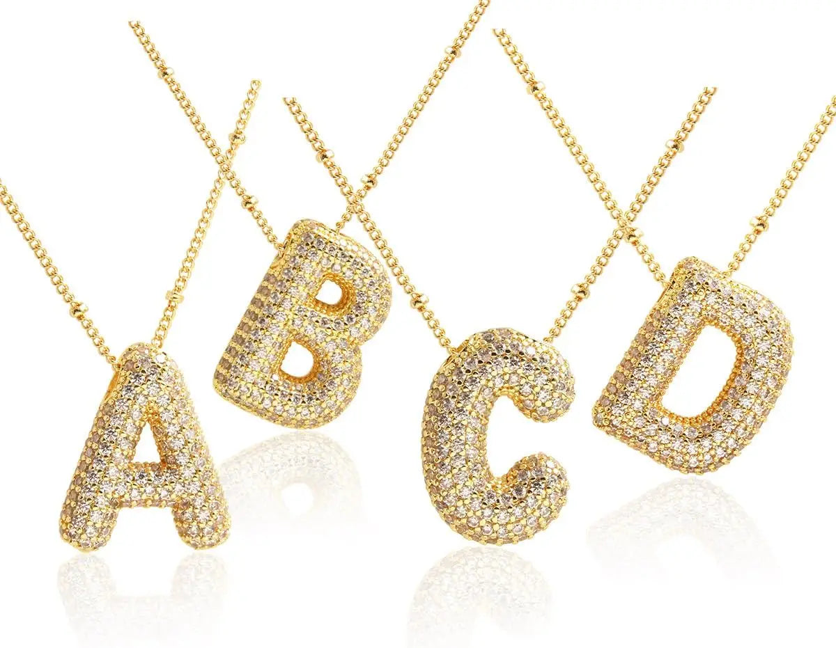 Cubic Zirconia Gold Plated  Bubble Alphabet Letter Necklace Monogram Necklace Balloon Initial Necklace Gifts for Women Girls