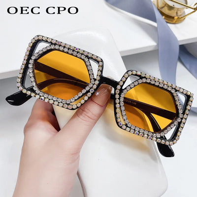 Square Luxury Diamonds Sunglasses Women Punk Fashion Rhinestone Sun Glasses Female Shiny Sexy Yellow Lens Eyewear Shade Handmade