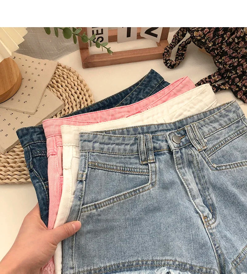 ITOOLIN Women Vintage Tassels Denim Shorts Button Loose High Waist A-line Jean Shorts Casual Women Office Trousers Streetwear