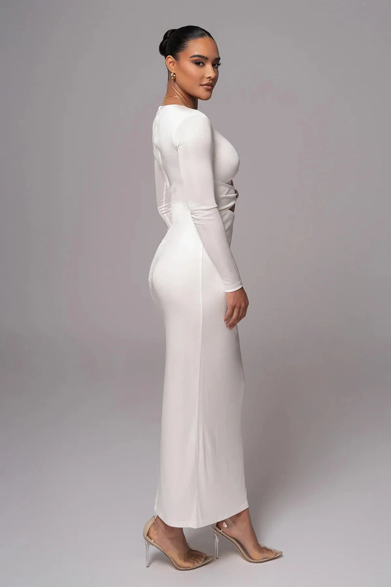Mozision hollow out long sleeve sexy maxi dress for women fashion solid V neck back split bodycon club long dress elegant