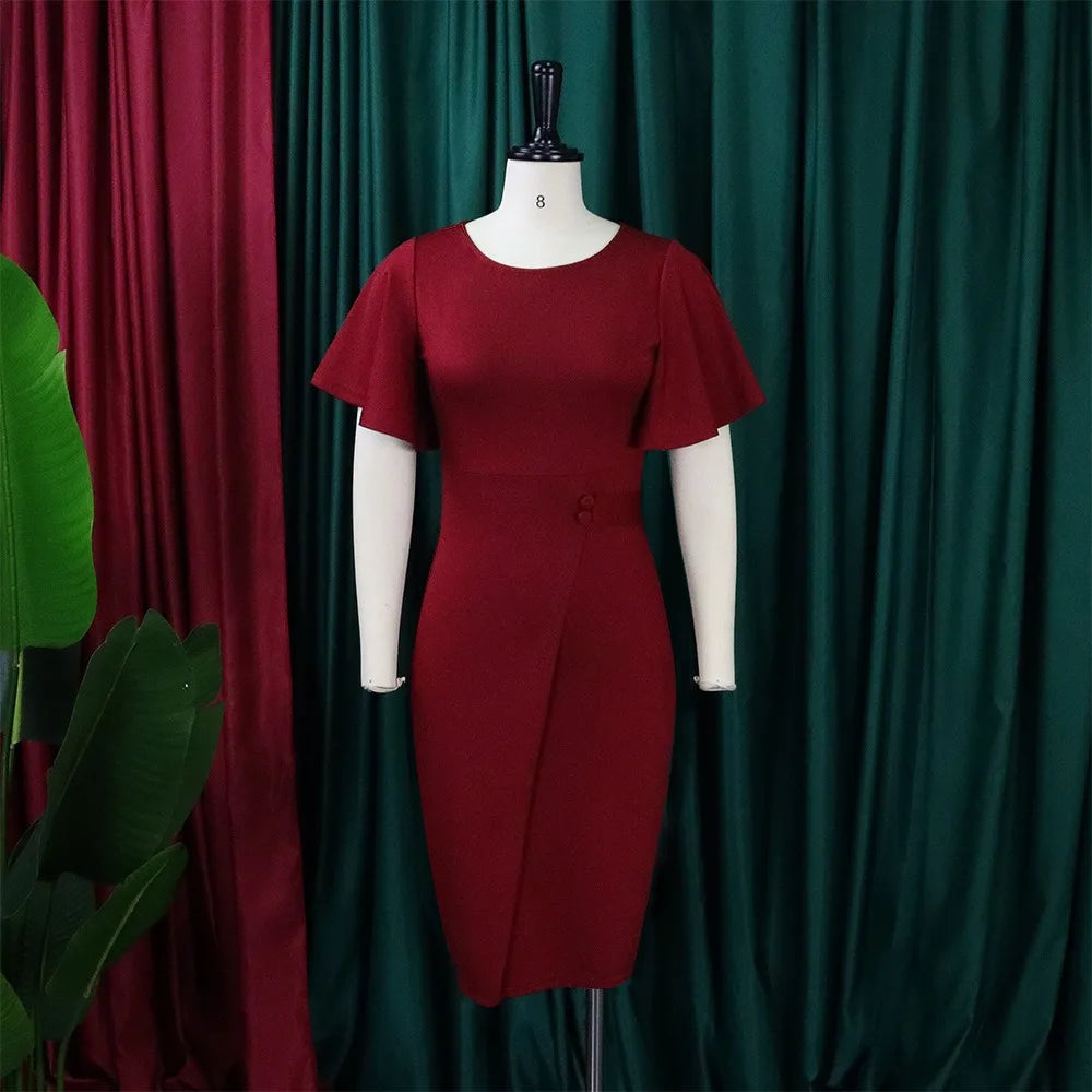 Dress Women Mid Length Dresses Green Slim Ruffles Bodycon Round Neck Short Sleeve Sexy Elegant Party High Waist Vestidos