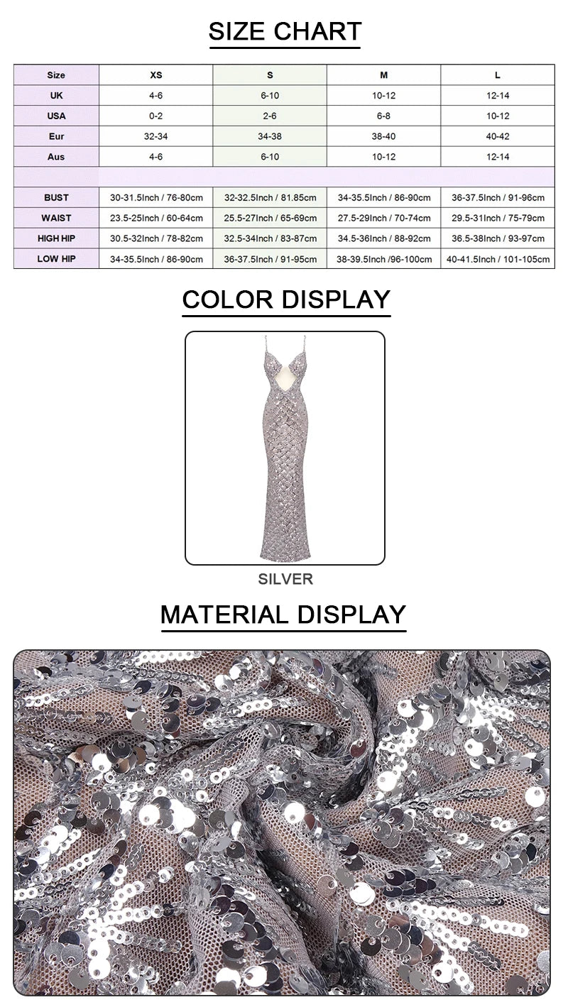VC Sexy Deep V Plunge Neck Backless Sequins Mesh Sparkly Silver Maxi Long Dress Elegant Party Evening Outfits Vestido