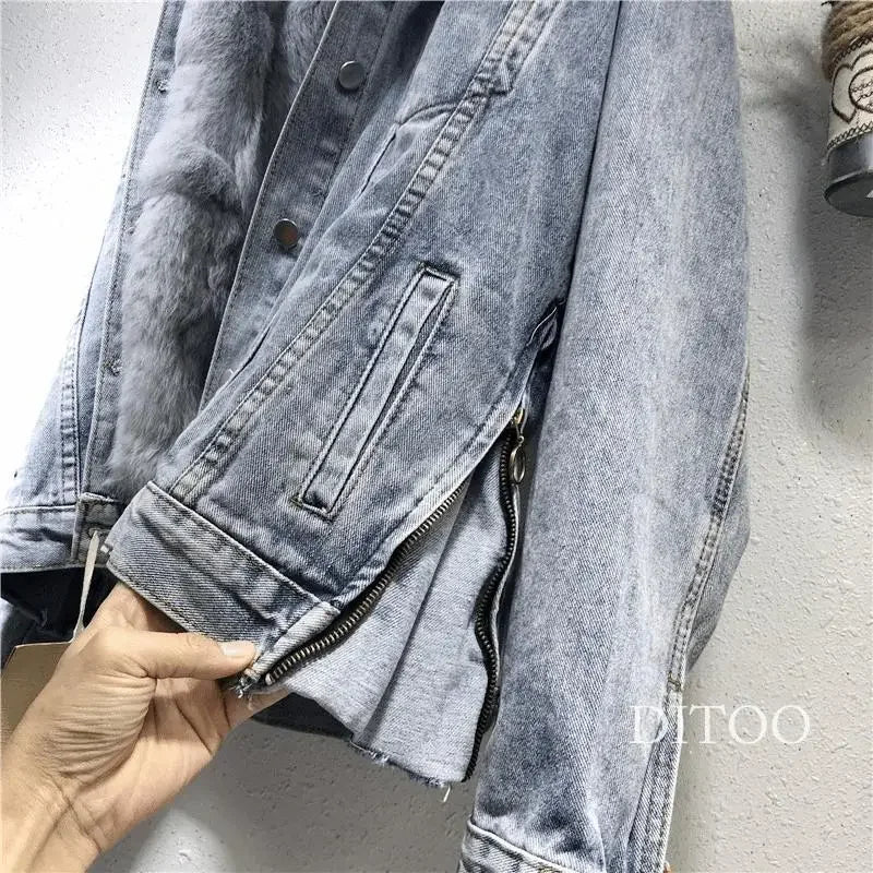 Women Denim Cost Single Breasted Button Jackets Fleece Patchwork Cardigan Pockets Outerwear Casual Warm Solid Loose Fit