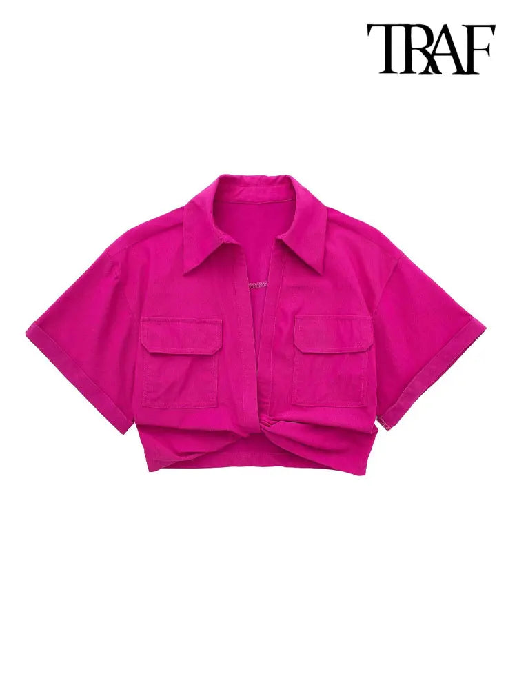 Women Fashion Front Knot Elastic Linen Cropped Shirts Vintage Short Sleeve Patch Pockets Female Blouses Blusa Chic Tops