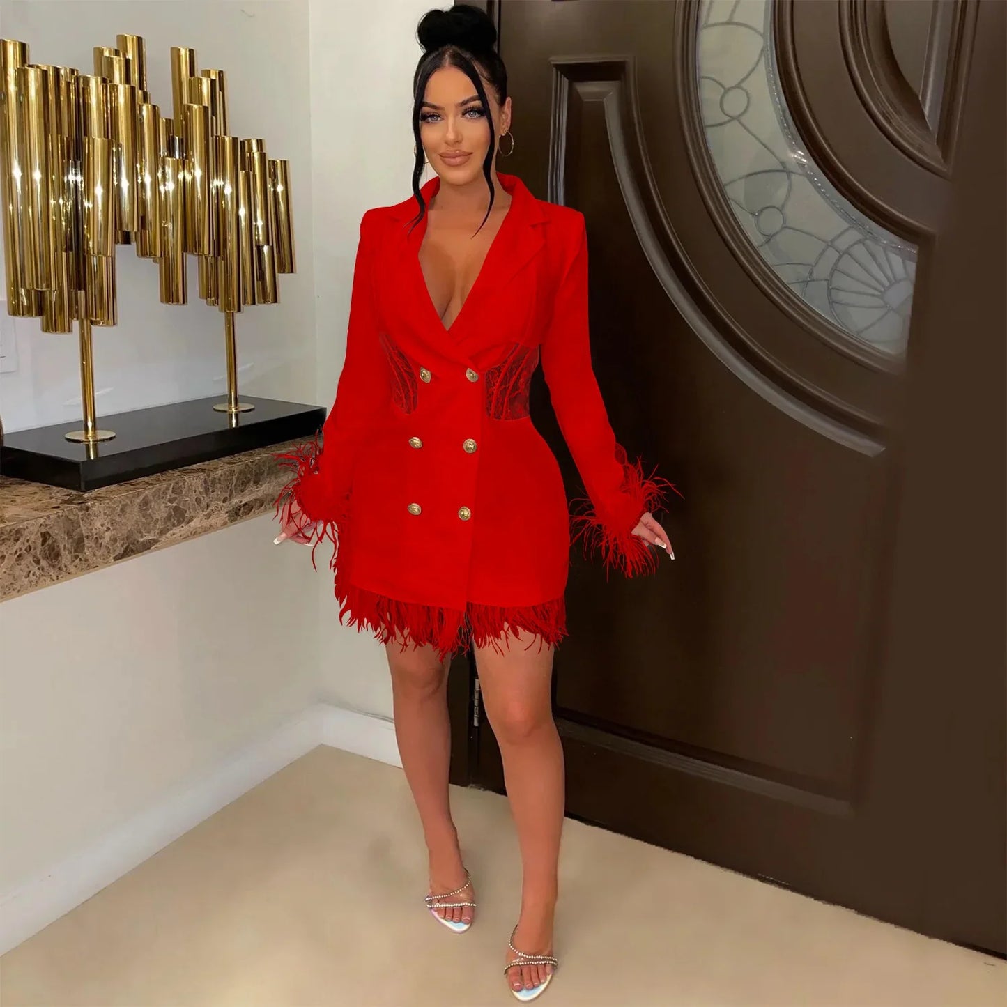 FANAN Elegant Women Double Breasted Tassel Hem and Long Sleeve Notched Collar Lace Waist Patchwork Blazer Dress Vestidos 2022