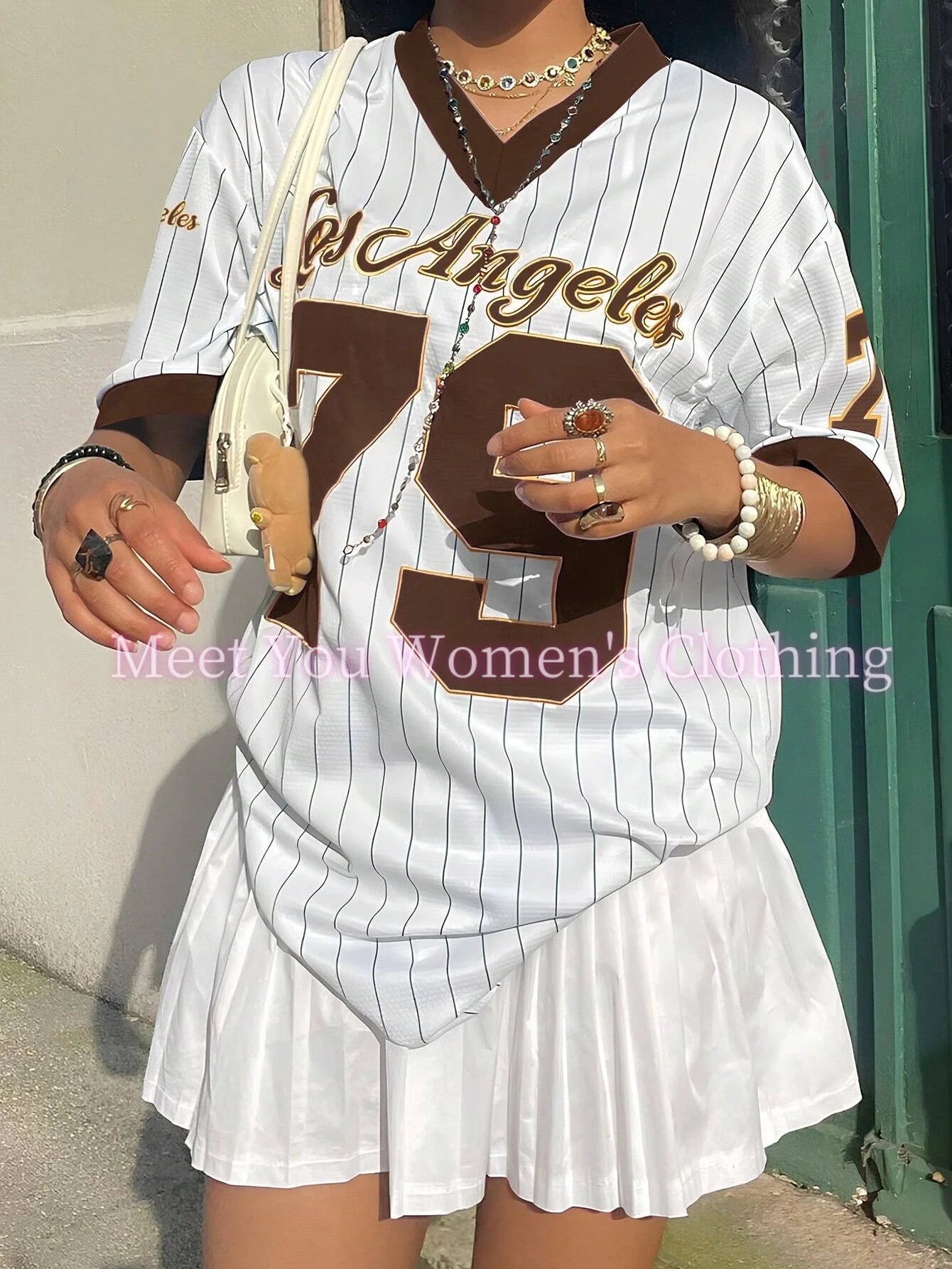 Women Los Angeles Number 79 Print V-Neck Short Sleeve T-Shirt Summer Graphic Tee Baseball Jerseys Stripe Oversized Sport T-Shirt