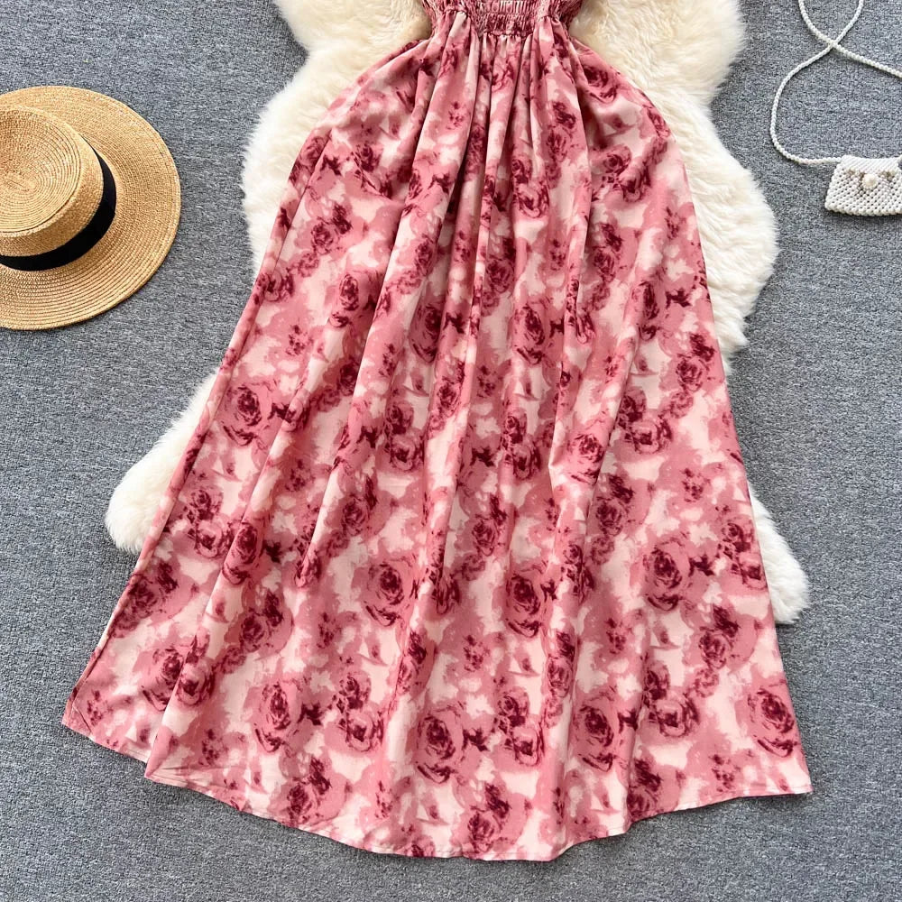 2024 New Summer Korean Fashion Rose Flower Print Romantic Retro Party Dress Elastic High Waist Vacation Long Dress Beach Vestido