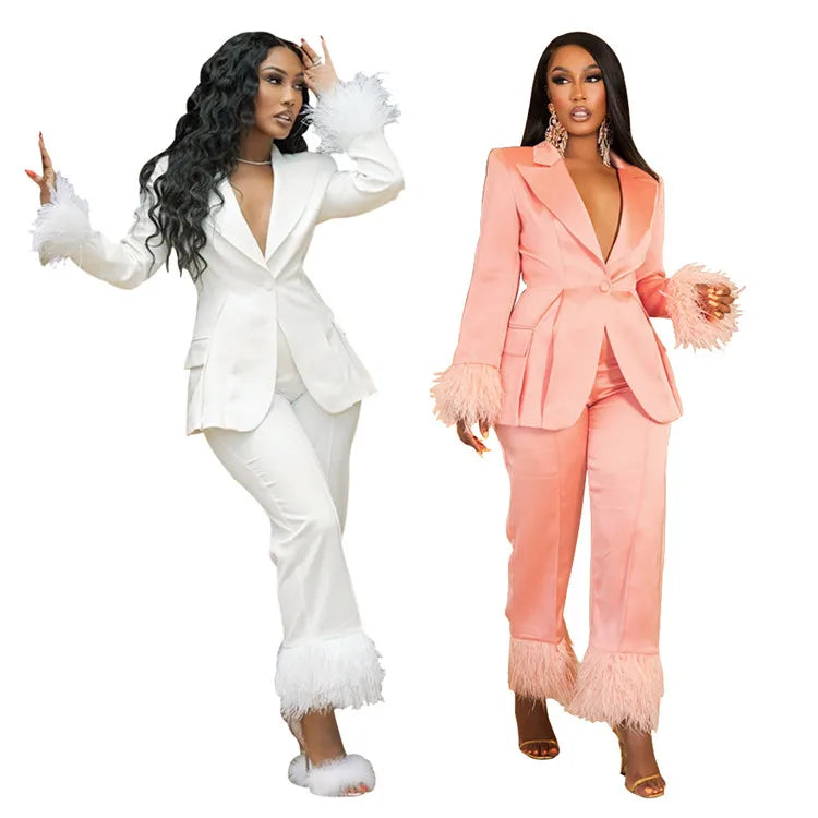 Wmstar Two Piece Set Women Turn Down Collar Feathers Patchwork Top and Pants Suit Matching Fall Clothes Wholesale Dropshpping