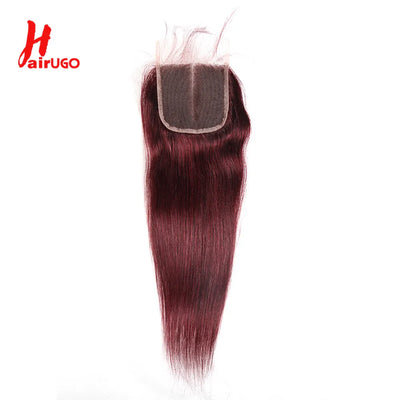 HairUGo Brazilian 99J 4x4 Straight Hair Closure 4*4 Lace Closure 10''-20'' 100% Human Hair Lace Closure With Baby Hair Remy Hair