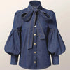 Gymystars New Trendy Imitation Denim Blouse Tops for Women Long Puff Sleeves Bow-Embellished High Neck Women's Autumn Shirts