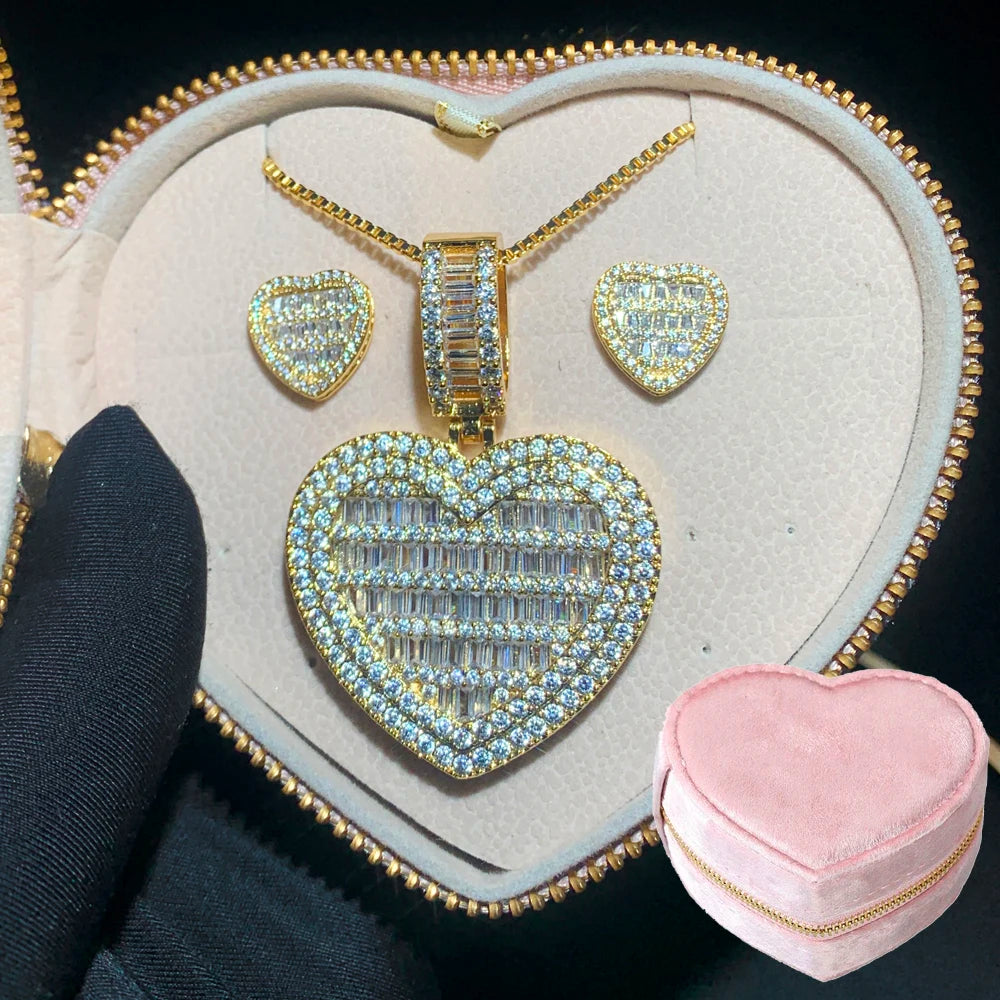In Stock Iced Out Bling Women Jewelry 5A White Cubic Zirconia Heart Shaped Pendant Necklace With Tennis Box Chain