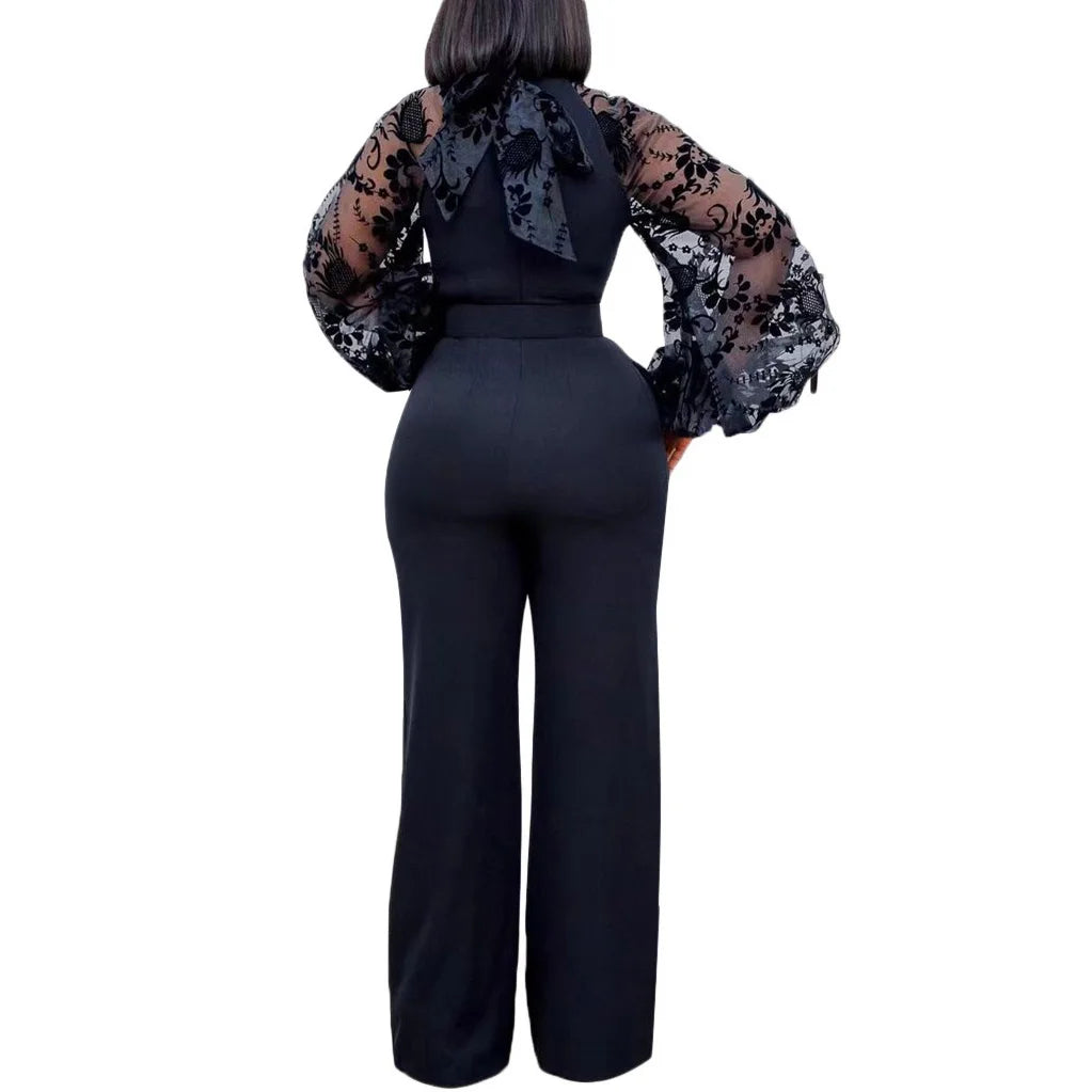 Elegant Jumpsuits & Rompers for Women O Neck Full Sleeve Belt Waisted Straight African Birthday Party Dinner Overalls Clothes OL