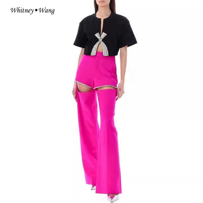 WHITNEY WANG Designer Style 2025 Autumn Fashion Streetwear Hollow Out Diamonds  Trousers Women StylishPants