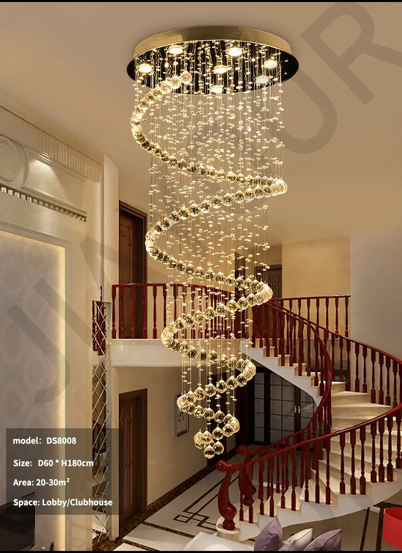 Staircase Long Pendant Lamp, Villa Lamp, Crystal Hanging Line Lamp, Duplex Living Room Spiral Lamp, Glass Romantic Decorative La